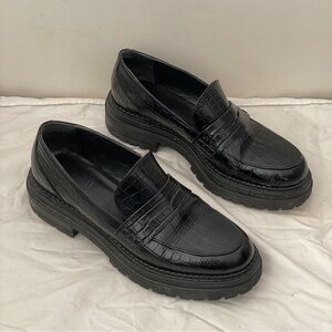 Minelli Black Croc Embossed Platform Loafer Shoes Lug Sole Chunky Heel Black 37